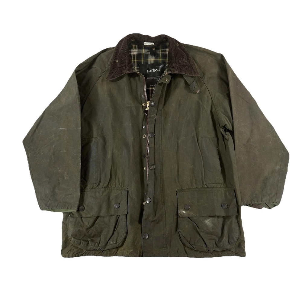 Barbour Beaufort Jacket Mens Large Green Waxed Canvas Hunting Rain Coat England